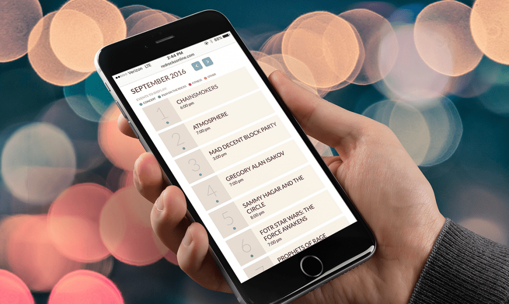 Red rocks Amphitheater events screen on mobile
