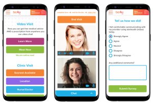 An illustration of a smartphone with a mock-up of a telehealth app on the screen.