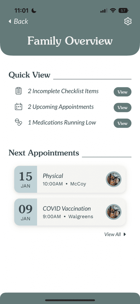Family overview showing upcoming appointments, action items and medications running low