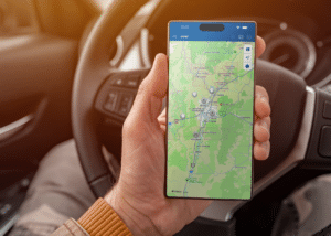 A worker's hand holding a smartphone with the Johns Manville app open, displaying a map interface, indicating active use while on the job. The image highlights the practical utility of the application developed by 303 Software for fieldwork efficiency.
