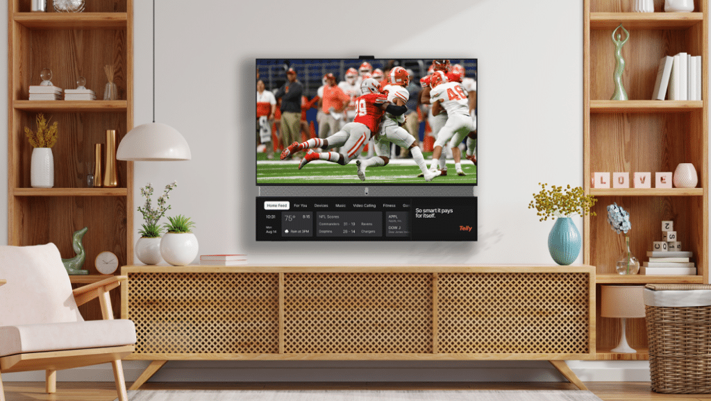Modern living room view looking at a TV mounted on a wall.