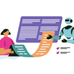 A digital illustration of a human and a robot collaboratively working on business tasks, symbolizing AI integration in business operations.